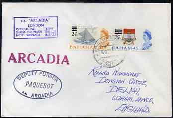 Bahamas used in Palma (Majorca) 1968 Paquebot cover to England carried on SS Arcadia with various paquebot and ships cachets, stamps on paquebot