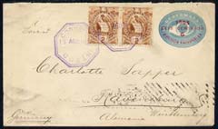 Guatemala 1896 6 cent postal stat cover to Germany bearing pair of additional 2c, stamps on 