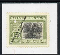 Guatemala 1921 colour trial proof of 1p50 Monolith (SG 169) in green & black affixed to small piece overprinted Waterlow & Sons Ltd, Specimen with small security puncture..., stamps on 