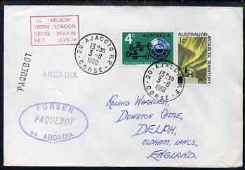Australia used in Ajaccio (Corsica) 1968 Paquebot cover to England carried on SS Arcadia with various paquebot and ships cachets, stamps on paquebot