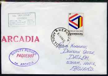 Luxembourg used in Greece 1969 Paquebot cover to England carried on SS Arcadia with various paquebot and ships cachets, stamps on paquebot