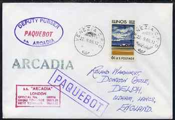 United States used in Venice (Italy) 1969 Paquebot cover to England carried on SS Arcadia with various paquebot and ships cachets, stamps on paquebot