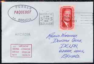 United States used in Brisbane (Queensland) 1968 Paquebot cover to England carried on SS Arcadia with various paquebot and ships cachets, stamps on paquebot