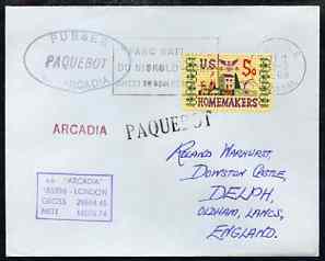 United States used in Dakar (Senegal) 1968 Paquebot cover to England carried on SS Arcadia with various paquebot and ships cachets, stamps on paquebot