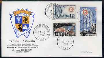 French Southern & Antarctic Territories 1964 Crozet Archipelago 5f (SG 35) & International Year of Quiet Sun set of 2 (SG 36-37) used on illustrated commemorative cover cancelled 23.2.1964 cds, stamps on 