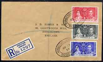 Jamaica 1937 KG6 Coronation set of 3 on reg cover with first day cancel addressed to the forger, J D Harris.  Harris was imprisoned for 9 months after Robson Lowe exposed him for applying forged first day cancels to Coronation covers (details supplied). , stamps on , stamps on  kg6 , stamps on forgery, stamps on forger, stamps on forgeries, stamps on coronation