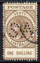 South Australia 1906-12 Thick Postage 1s brown 'A' wmk with 'SA' perfin used, stamps on 