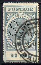 South Australia 1906-12 Thick Postage 6d nlue-green 'A' wmk with 'SA' perfin used, stamps on 