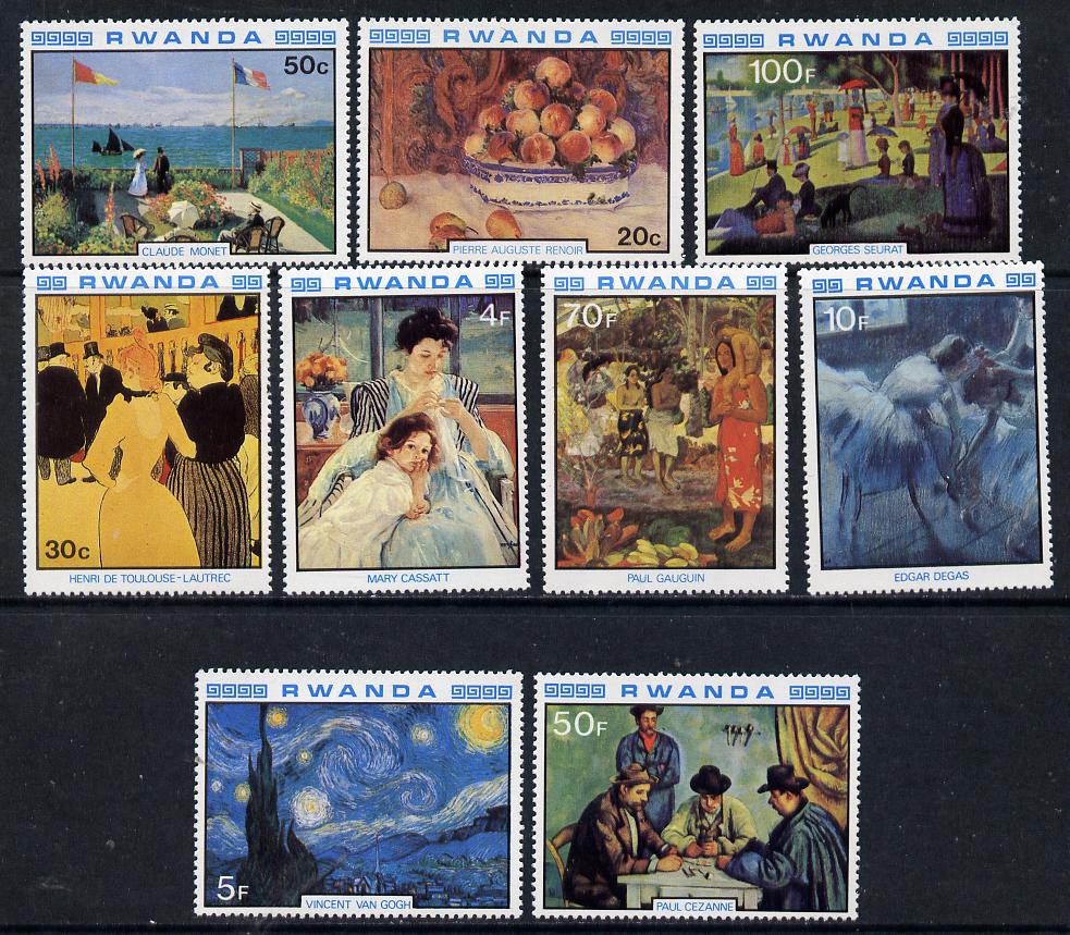 Rwanda 1980 Impressionist Paintings perf set of 9 unmounted mint, SG 996-1004, stamps on arts, stamps on tobacco, stamps on renoir, stamps on playing cards, stamps on gauguin, stamps on cezanne, stamps on degas, stamps on dancing, stamps on van gogh, stamps on cassatt, stamps on toulouse lautrec, stamps on monet