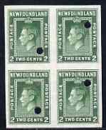 Newfoundland 1941-44 KG6 2c green imperf marginal PROOF block of 4 each stamp with Waterlow security punch hole, a scarce KG6 item, as SG 277, stamps on , stamps on  kg6 , stamps on 