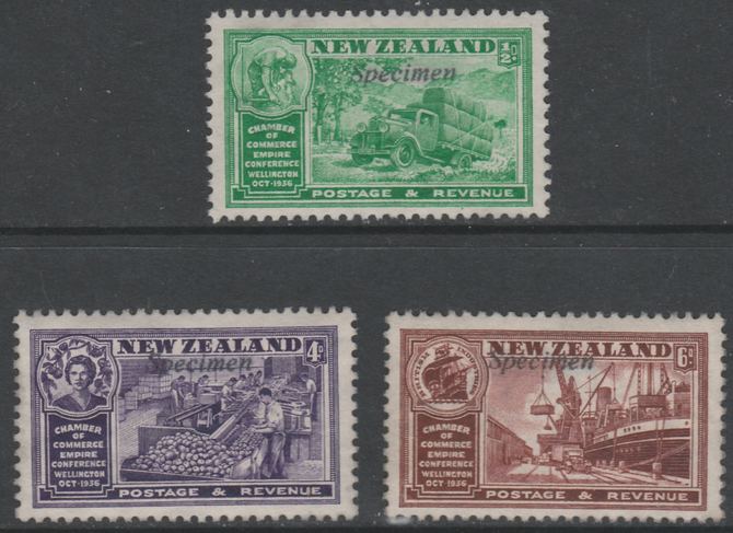 New Zealand 1936 Chamber of Commerce 1/2d, 4d & 6d opt'd SPECIMEN, without gum status unknown, stamps on 