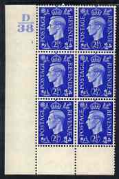 Great Britain 1937-47 KG6 2.5d ultramarine corner block of 6 with cyl 2 no dot (D38 perf type 6) 2 stamps mounted cat 0, stamps on , stamps on  kg6 , stamps on 