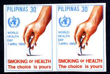 Philippines 1980 World Health Day 30s Anti-Smoking imperf pair unmounted mint as SG 1585, stamps on smoking, stamps on medical, stamps on tobacco