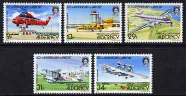 Guernsey - Alderney 1985 50th Anniversary of Airport perf set of 5 unmounted mint SG A18-22, stamps on aviation, stamps on helicopters, stamps on britten norman, stamps on  dh , stamps on  saro