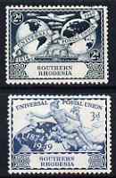Southern Rhodesia 1949 KG6 75th Anniversary of Universal Postal Union set of 2 mounted mint, SG 68-9, stamps on , stamps on  kg6 , stamps on  upu , stamps on 