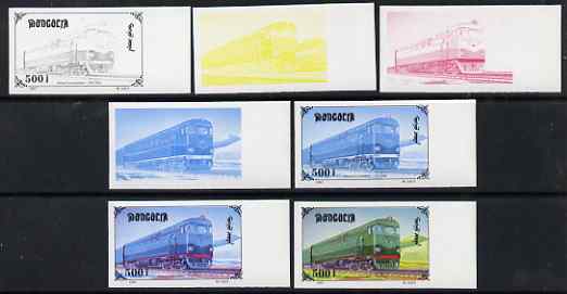 Mongolia 1997 Railway Locomotives 500t Diesel Loco T6-106 the set of 7 imperf progressive proofs comprising the 4 individual colours plus 2, 3 and all 4-colour composites unmounted mint, as SG 2596, stamps on railways
