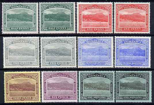 Dominica 1908-21 Roseau MCA set to 1s incl shades of 1/2d, 1d, 2d & 2.5d plus 1s ord paper (12 values) mounted mint, SG 47-53a, stamps on 