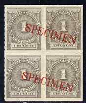 Uruguay 1884-86 Numeral 1c grey block of 4 optd SPECIMEN across each pair of stamps, unmounted mint from ABNCo archive sheet, as SG 83a, stamps on 