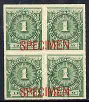 Uruguay 1888 Numeral 1c green block of 4 optd SPECIMEN across each pair of stamps, unmounted mint from ABNCo archive sheet, as SG 100, stamps on 