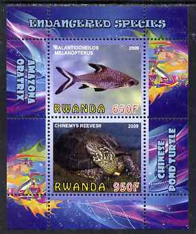 Rwanda 2009 Endangered Species - Pond Turtle & Silver Shark (inscribed Oratrix in error) perf sheetlet containing 2 values unmounted mint, stamps on animals, stamps on fish, stamps on sharks, stamps on turtles
