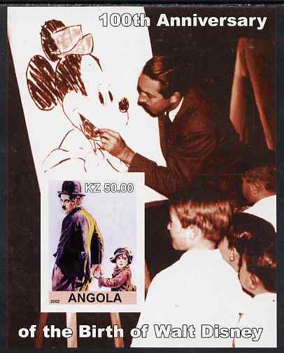 Angola 2002 Birth Centenary of Walt Disney #05 imperf s/sheet - Charlie Chaplin & Disney drawing Mickey Mouse unmounted mint, stamps on personalities, stamps on movies, stamps on films, stamps on disney, stamps on cinema, stamps on chaplin, stamps on entertainments, stamps on comedy