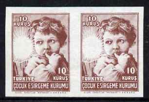 Turkey 1945 Postal Tax 10k horizontal imperf pair with red (star) omitted, unmounted mint but minor wrinkles, stamps on children, stamps on red cross