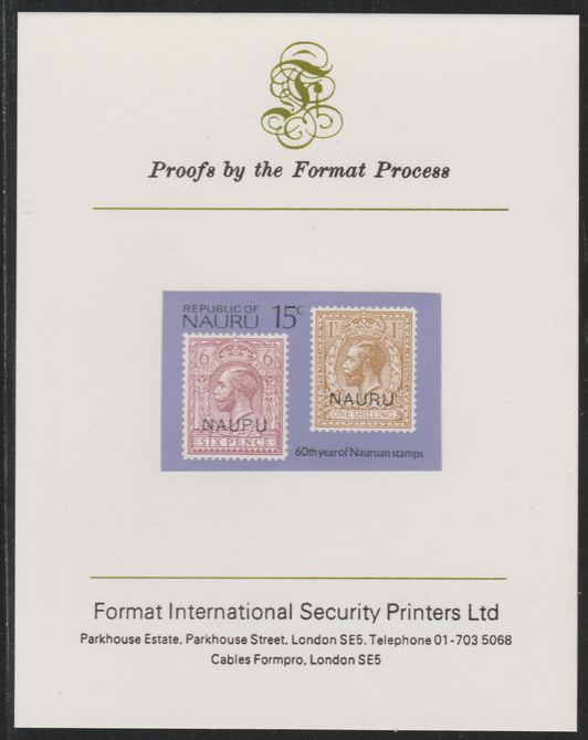 Nauru 1976 Stamp Anniversaries - 15c GB 6d & 1s stamps overprinted - imperf mounted on Format International Proof Card, as SG148, stamps on stamp-on-stamp.stampon, stamps on 