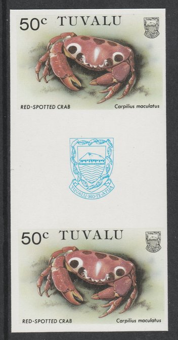 Tuvalu 1986 Crabs 50c (Red Spotted Crab) imperf gutter pair unmounted mint from uncut proof sheet, as SG 374. Note: The design withing the gutter varies across the sheet, therefore, the one you receive  may differ from that shown in the illustration., stamps on crabs, stamps on marine-life