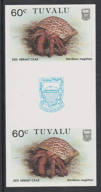 Tuvalu 1986 Crabs 60c (Red Hermit Crab) imperf gutter pair unmounted mint from uncut proof sheet, as SG 375. Note: The design withing the gutter varies across the sheet, therefore, the one you receive  may differ from that shown in the illustration., stamps on crabs, stamps on marine-life