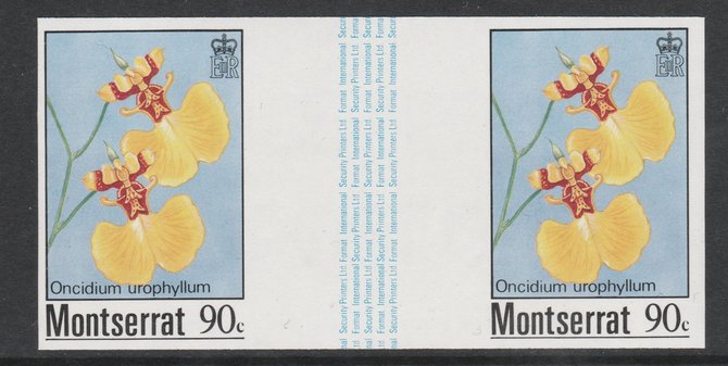 Montserrat 1985 Orchids 90c (Oncidium urophyllum) imperf gutter pair unmounted mint from uncut proof sheet, as SG 631. Note: The design withing the gutter varies across the sheet, therefore, the one you receive  may differ from that shown in the illustration., stamps on flowers, stamps on orchids