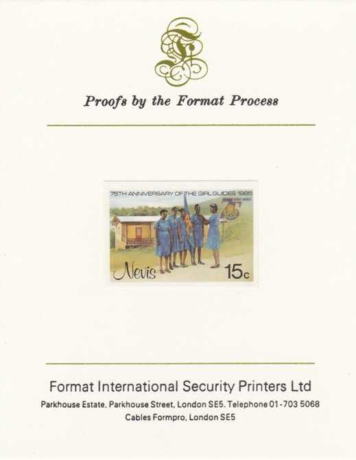 Nevis 1985 Girl Guides - Guides & Headquarters 15c (as SG 293) imperf proof mounted on Format International proof card , stamps on , stamps on  stamps on nevis 1985 girl guides - guides & headquarters 15c (as sg 293) imperf proof mounted on format international proof card 