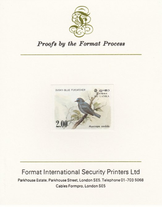 Sri Lanka 1983 Birds - 2nd series Flycatcher 2r iimperf proof mounted on Format International proof card as SG 829, stamps on birds