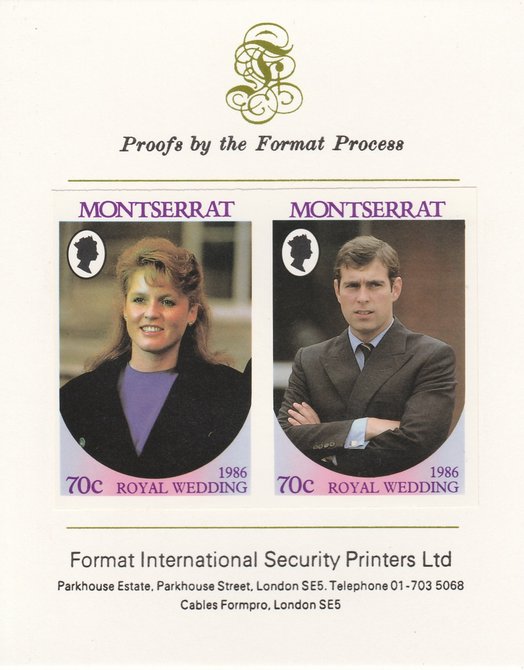 Montserrat 1986 Royal Wedding (Andrew & Fergie) 70c imperf se-tenant proof pair mounted on Format International proof card as SG 691a, stamps on royalty, stamps on andrew, stamps on fergie, stamps on 
