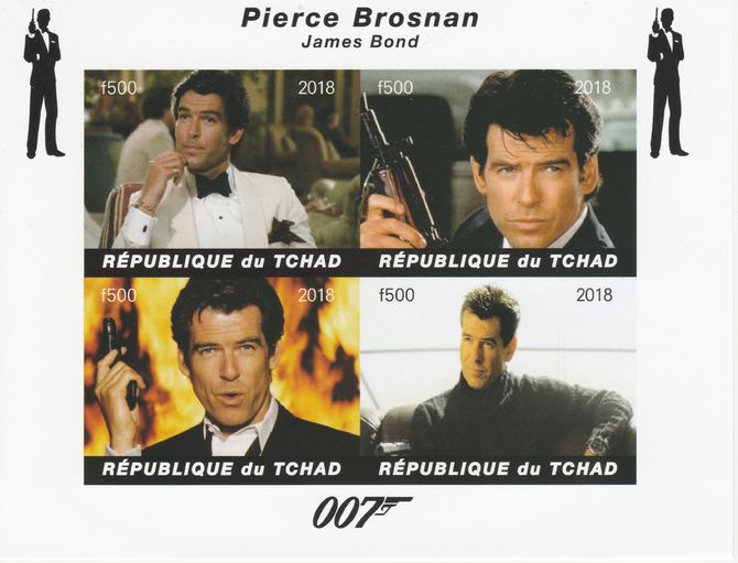 Chad 2018 James Bond - Pierce Brosnan imperf sheetlet containing 4 values unmounted mint. Note this item is privately produced and is offered purely on its thematic appeal, it has no postal validity, stamps on films, stamps on cunema, stamps on  tv , stamps on movies, stamps on  spy .james bond
