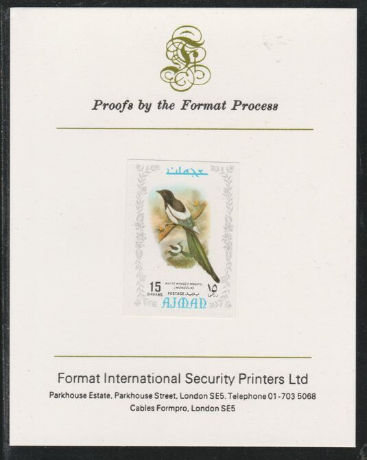 Ajman 1971 Exotic Birds - Eurasian Magpie 15Dh imperf mounted on Format International proof card as Mi 886B, stamps on birds, stamps on magpie