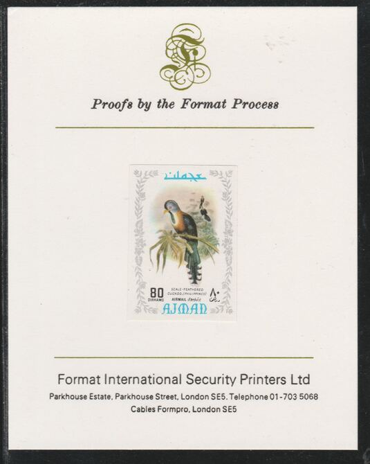 Ajman 1971 Exotic Birds - Scale-Feathered Makoha 80Dh imperf mounted on Format International proof card as Mi 892B, stamps on birds