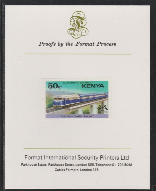 Kenya 1976 Railway Transport 50c Diesel Train imperf mounted on Format International proof card as SG 66, stamps on railways