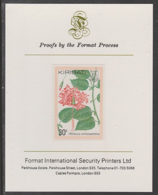 Kiribati 1981 Flowers 30c imperf proof mounted on Format International proof card, as SG142, stamps on flowers