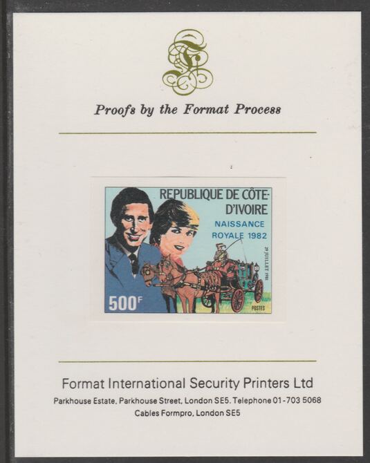 Ivory Coast 1982 Birth of Prince William opt on Royal Wedding 500f (ex m/sheet) imperf proof mounted on Format International proof card, as SG MS733, stamps on , stamps on  stamps on royalty, stamps on  stamps on diana, stamps on  stamps on william