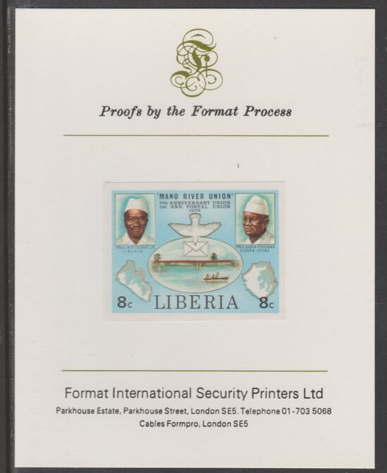 Liberia 1980 Mano River & UPU Anniversarys 8c imperf proof mounted on Format International proof card, as SG 1456, stamps on rivers, stamps on bridges, stamps on upu, stamps on  upu , stamps on 