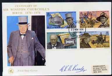 Isle of Man 1974 Churchill Centenary perf set of 4 on illustrated cover with first day cancel signed by G V H Kneale, the designer of the stamps, stamps on churchill, stamps on personalities, stamps on constitutions, stamps on 