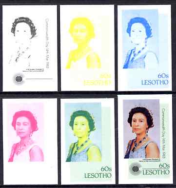 Lesotho 1983 Queen Elizabeth II 60s (from Commonwealth Day set) the set of 6 imperf progressive proofs comprising the 4 individual colours plus 2 and all 4-colour composite, unmounted mint, only 36 such sets believed to exist, as SG536, stamps on royalty