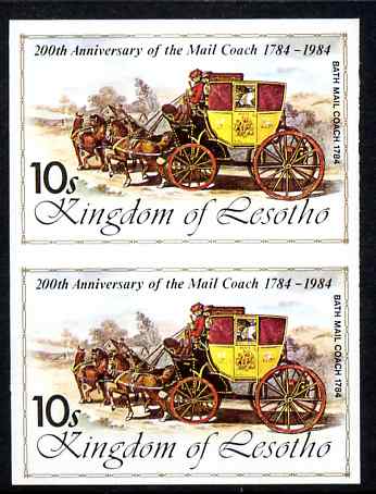 Lesotho 1984 Bath Mail Coach 10s (from 'Ausipex' Stamp Exhibition set) imperf pair unmounted mint as SG 601, stamps on postal, stamps on transport, stamps on stamp exhibitions, stamps on mail coaches, stamps on horse drawn, stamps on wild west, stamps on horses