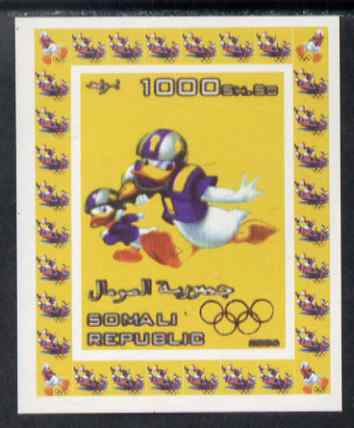 Somalia 2006 Beijing Olympics (China 2008) #12 - Donald Duck Sports - American Football imperf individual deluxe sheet unmounted mint. Note this item is privately produced and is offered purely on its thematic appeal, stamps on disney, stamps on entertainments, stamps on films, stamps on cinema, stamps on cartoons, stamps on sport, stamps on american football, stamps on olympics