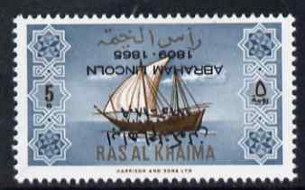 Ras Al Khaima 1965 Ships 5r with Abraham Lincoln overprint inverted, unmounted mint, SG 20var, stamps on constitutions, stamps on personalities, stamps on ships, stamps on usa presidents, stamps on americana, stamps on lincoln