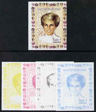 Chad 1997 Princess Diana 250f series #5 imperf deluxe sheet the set of 5 progressive proofs comprising the 4 individual colours plus all 4-colour composite, unmounted mint, stamps on personalities, stamps on diana, stamps on royalty, stamps on women