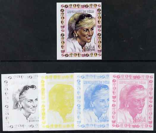 Chad 1997 Princess Diana 450f series #2 imperf deluxe sheet the set of 5 progressive proofs comprising the 4 individual colours plus all 4-colour composite, unmounted mint, stamps on personalities, stamps on diana, stamps on royalty, stamps on women