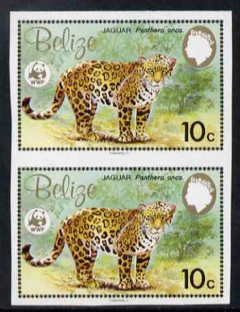 Belize 1983 WWF - Jaguar 10c (Adult Jaguar) imperf pair from uncut proof sheet, unmounted mint, as SG 757, stamps on animals, stamps on cats, stamps on  wwf , stamps on 