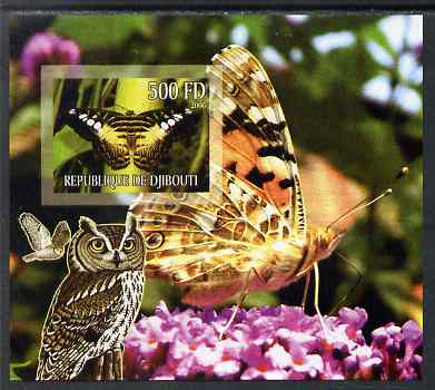Djibouti 2006 Owl & Butterfly #4 imperf m/sheet unmounted mint. Note this item is privately produced and is offered purely on its thematic appeal , stamps on birds of prey, stamps on owls, stamps on birds, stamps on butterflies