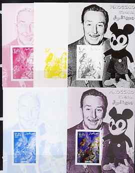 Somalia 2001 Pinocchio & Walt Disney #3 s/sheet, the set of 5 imperf progressive proofs comprising the 4 individual colours plus all 4-colour composite, unmounted mint , stamps on personalities, stamps on movies, stamps on cinema, stamps on films, stamps on disney, stamps on cartoons